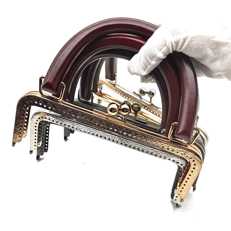 Embossing pattern make holes wooden handle clutch bag clasp kiss lock metal frame 20.5CM