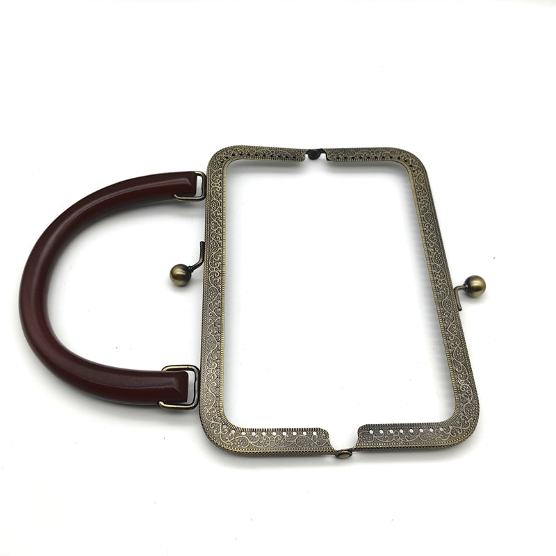Embossing pattern make holes wooden handle clutch bag clasp kiss lock metal frame 20.5CM
