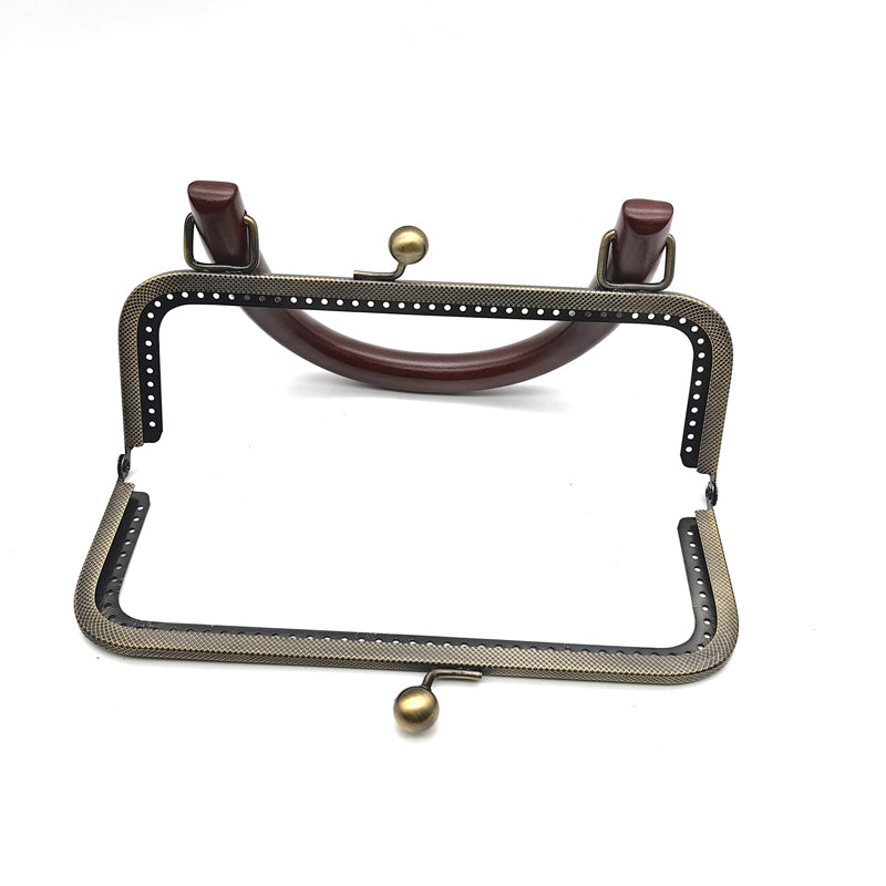 Embossing pattern make holes wooden handle clutch bag clasp kiss lock metal frame 20.5CM