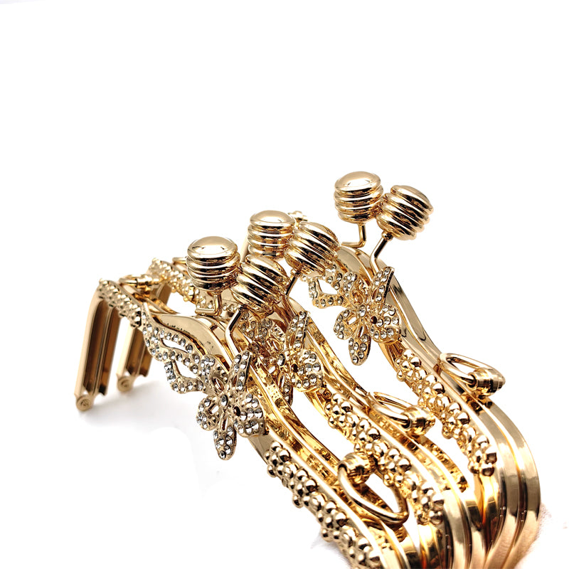 Customized hanging plating light gold flower surface design purse metal frame for evening bag