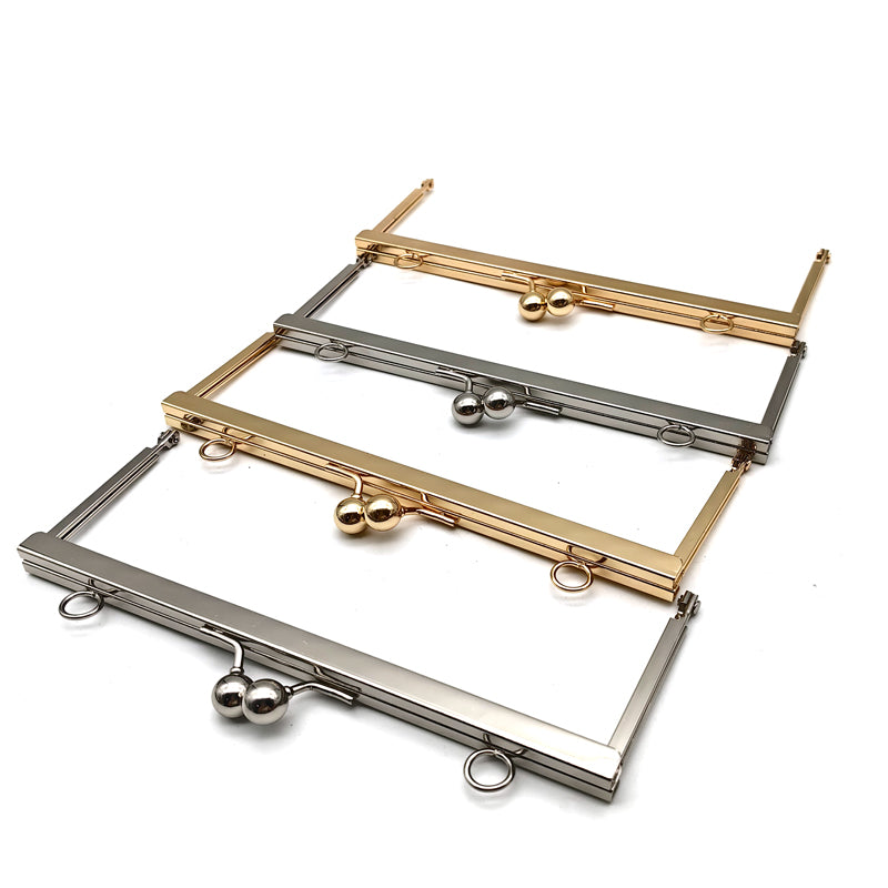 Right angle rectangular shape light gold & silver 19.5cm round ball kiss lock purse clip metal frame