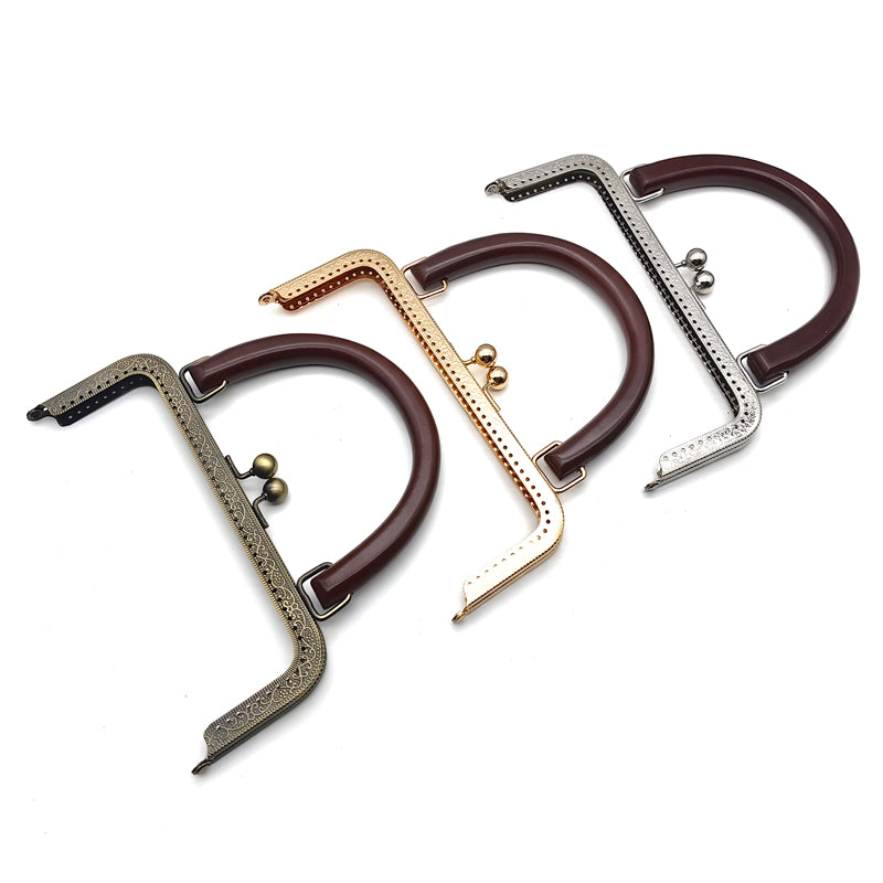 Embossing pattern make holes wooden handle clutch bag clasp kiss lock metal frame 20.5CM