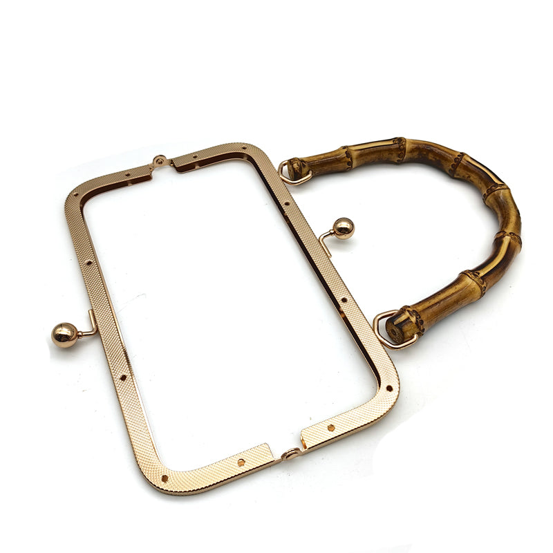 20.5CM Real bamboo handle light gold & silver embossing pattern kiss lock purse bag metal frame