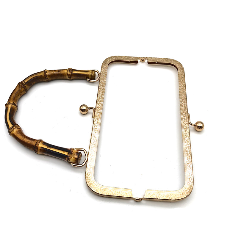 20.5CM Real bamboo handle light gold & silver embossing pattern kiss lock purse bag metal frame