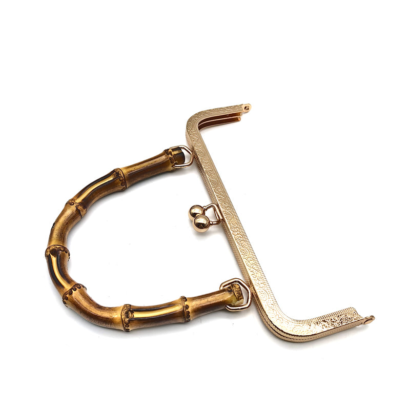 20.5CM Real bamboo handle light gold & silver embossing pattern kiss lock purse bag metal frame