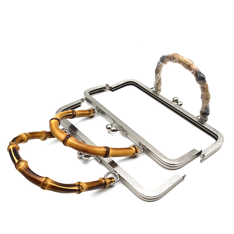 High end bag accessories 25cm light gold and silver embossing pattern evening bag metal frame with bamboo handle