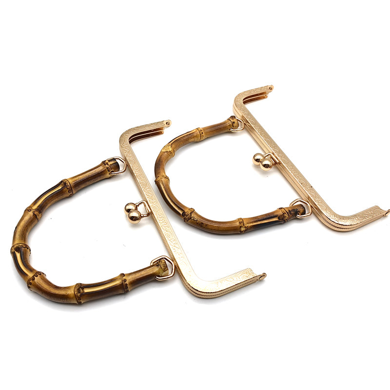 20.5CM Real bamboo handle light gold & silver embossing pattern kiss lock purse bag metal frame