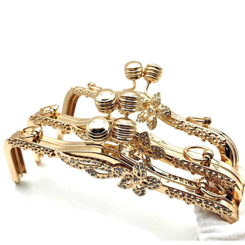 Customized hanging plating light gold flower surface design purse metal frame for evening bag