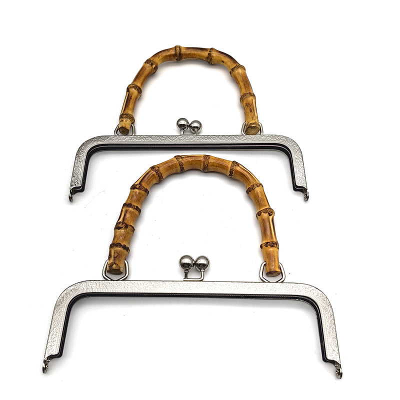 20.5CM Real bamboo handle light gold & silver embossing pattern kiss lock purse bag metal frame