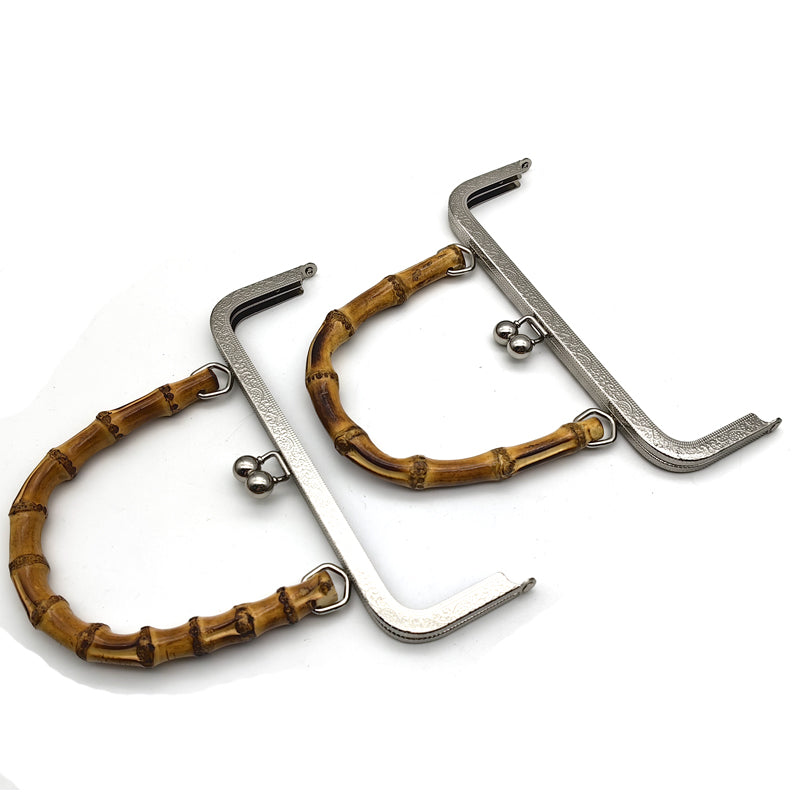 20.5CM Real bamboo handle light gold & silver embossing pattern kiss lock purse bag metal frame
