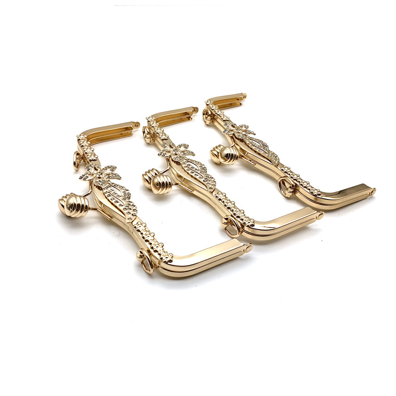 Customized hanging plating light gold flower surface design purse metal frame for evening bag