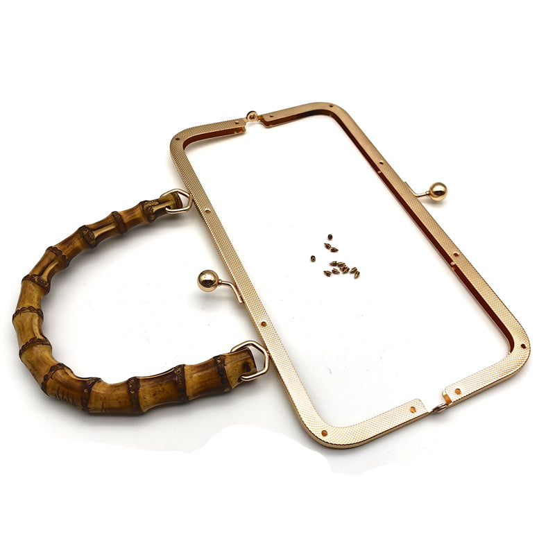 High end bag accessories 25cm light gold and silver embossing pattern evening bag metal frame with bamboo handle
