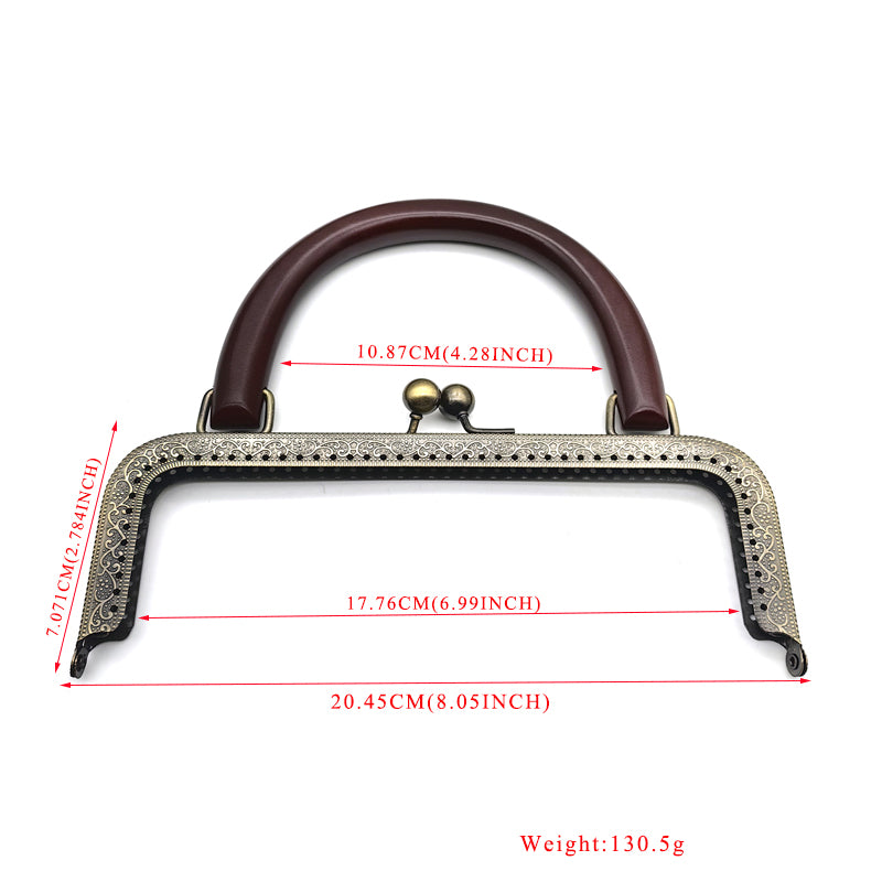 Embossing pattern make holes wooden handle clutch bag clasp kiss lock metal frame 20.5CM