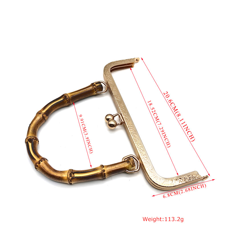 20.5CM Real bamboo handle light gold & silver embossing pattern kiss lock purse bag metal frame